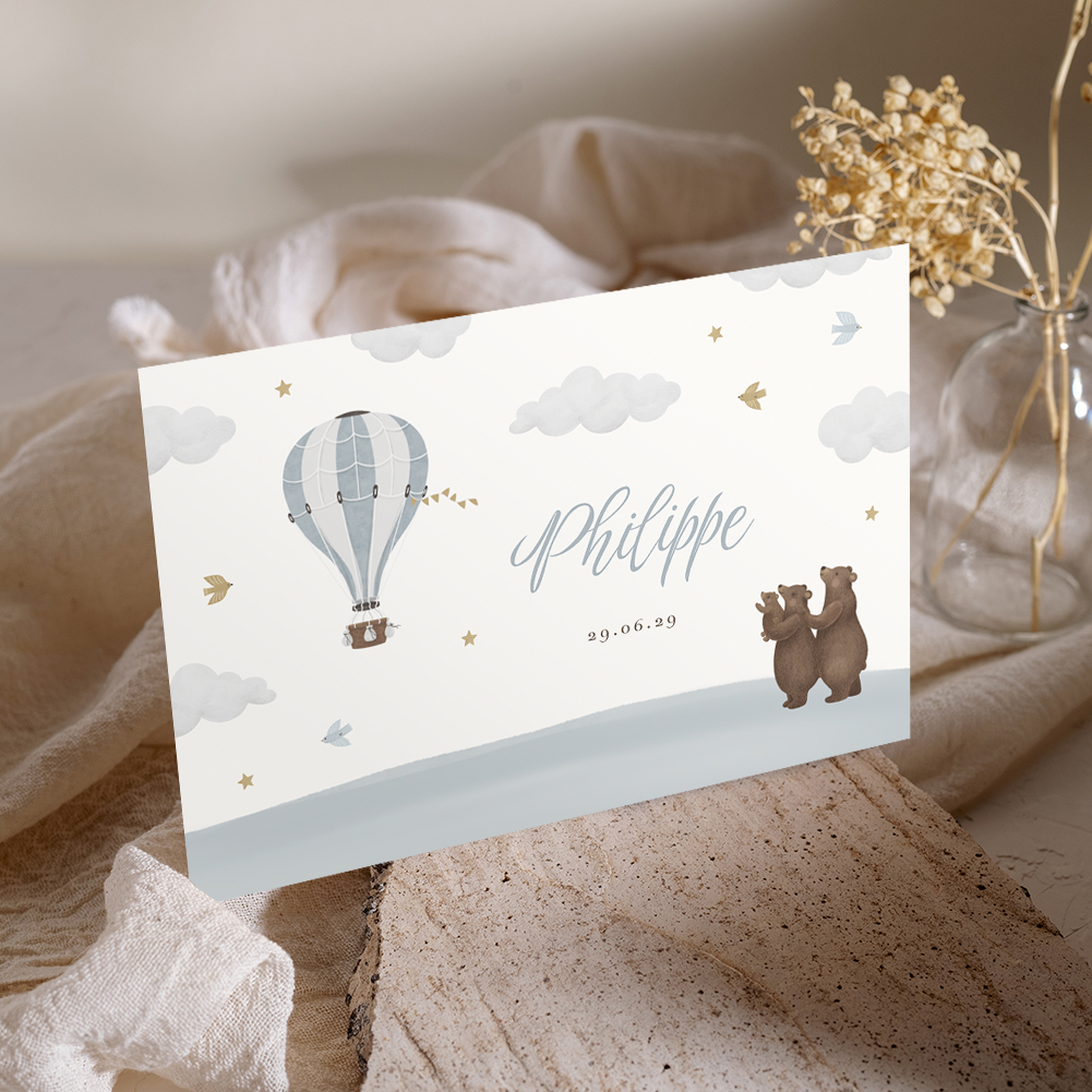 Geboortekaartje met beren en luchtballon